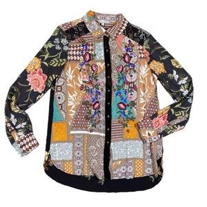 John Mark Floral Patchwork Embroidered Beaded Button-Up Blouse — Size Medium